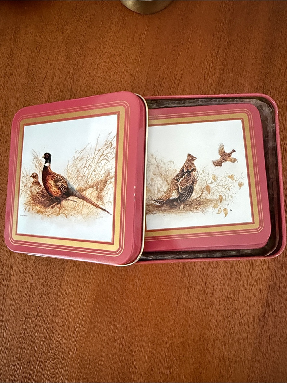 Vintage Pheasant Tin Coasters - Pink Border